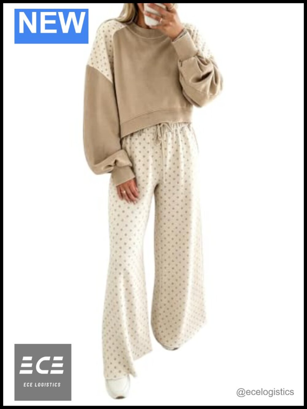 Women's 2 Piece Polka Dot Outfit Long Sleeve Top Wide Leg Pants Set